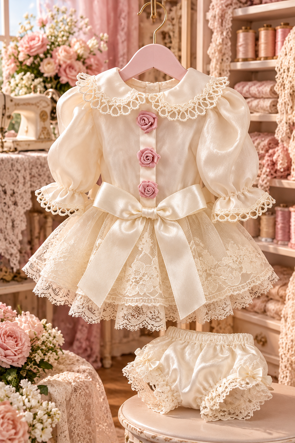 Cream coton fabric baby and girl two pieces outfıt