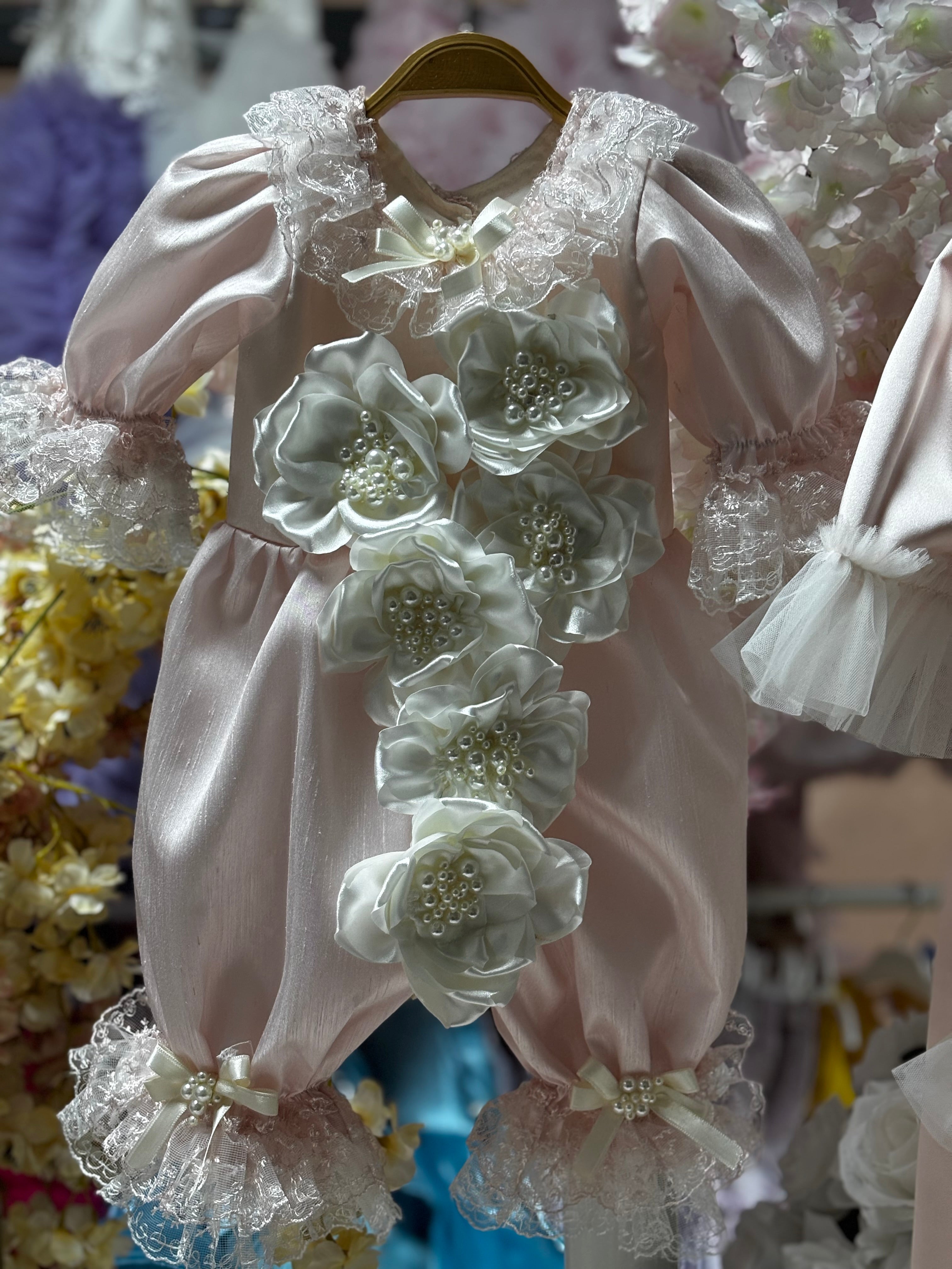 Pink silk fabric pearl flowers baby jumpsuit and bonnet