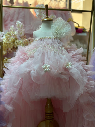 Pink puffy long train flowers gir dress