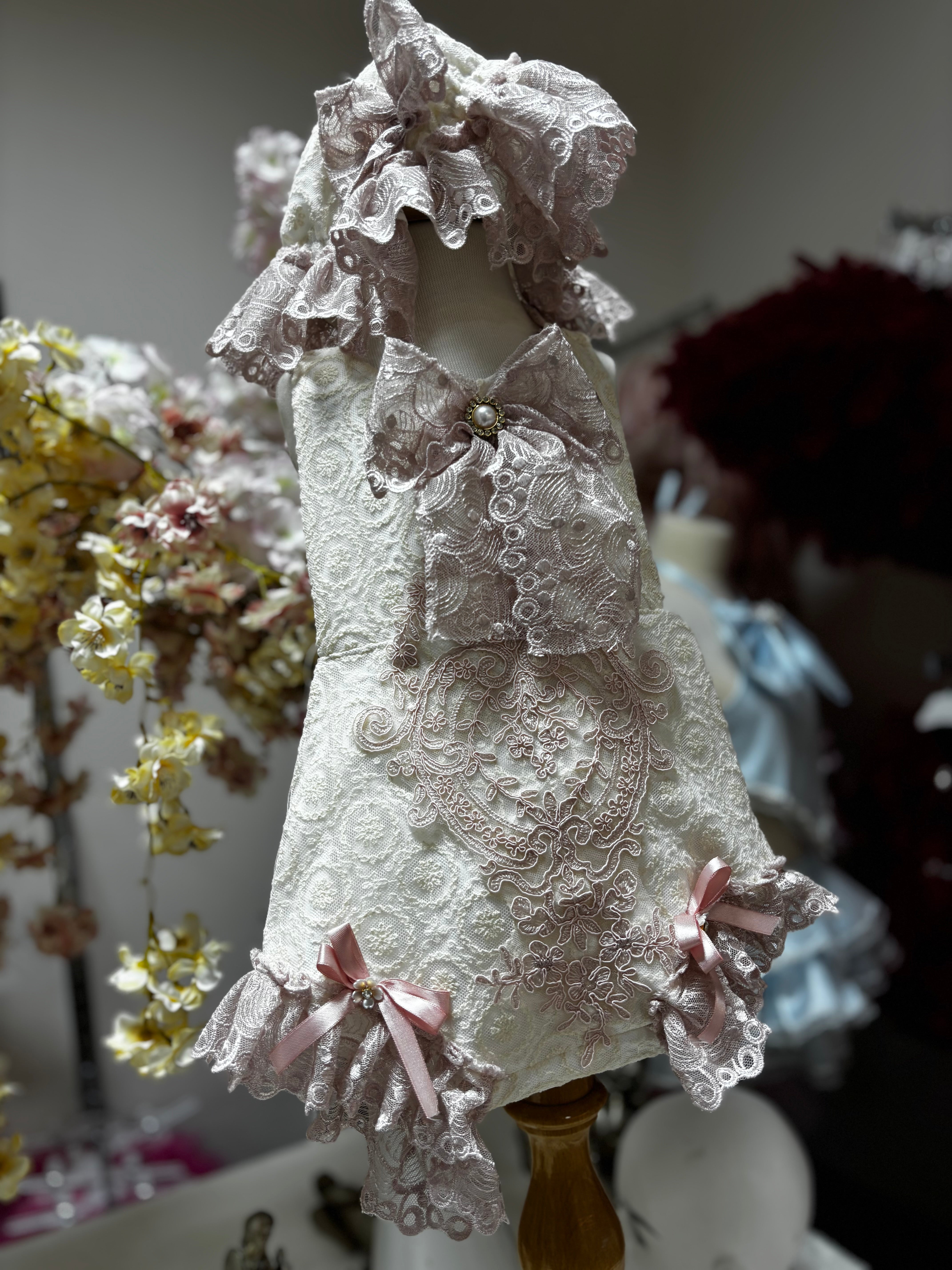 cream lace fabric romper and bonnet