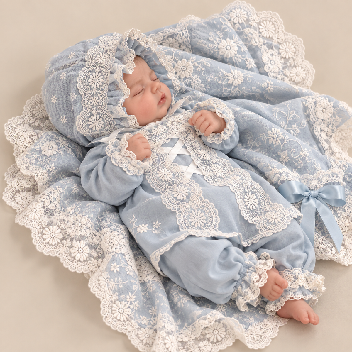 Blue coton fabric baby pajamas bonnet and lace blankent
