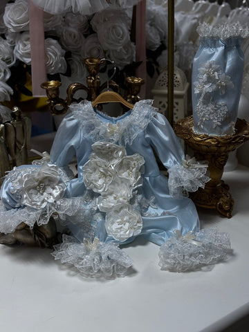 Blue silk fabric flower pearl handmade baby jumpsuit  bonnet and shoes