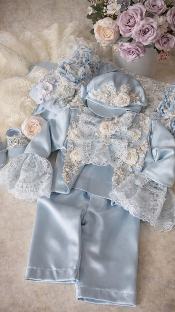 Light Blue Baby Pants Jacket Hat and Shoes Satin Fabric Pearl Aplique small Flowers