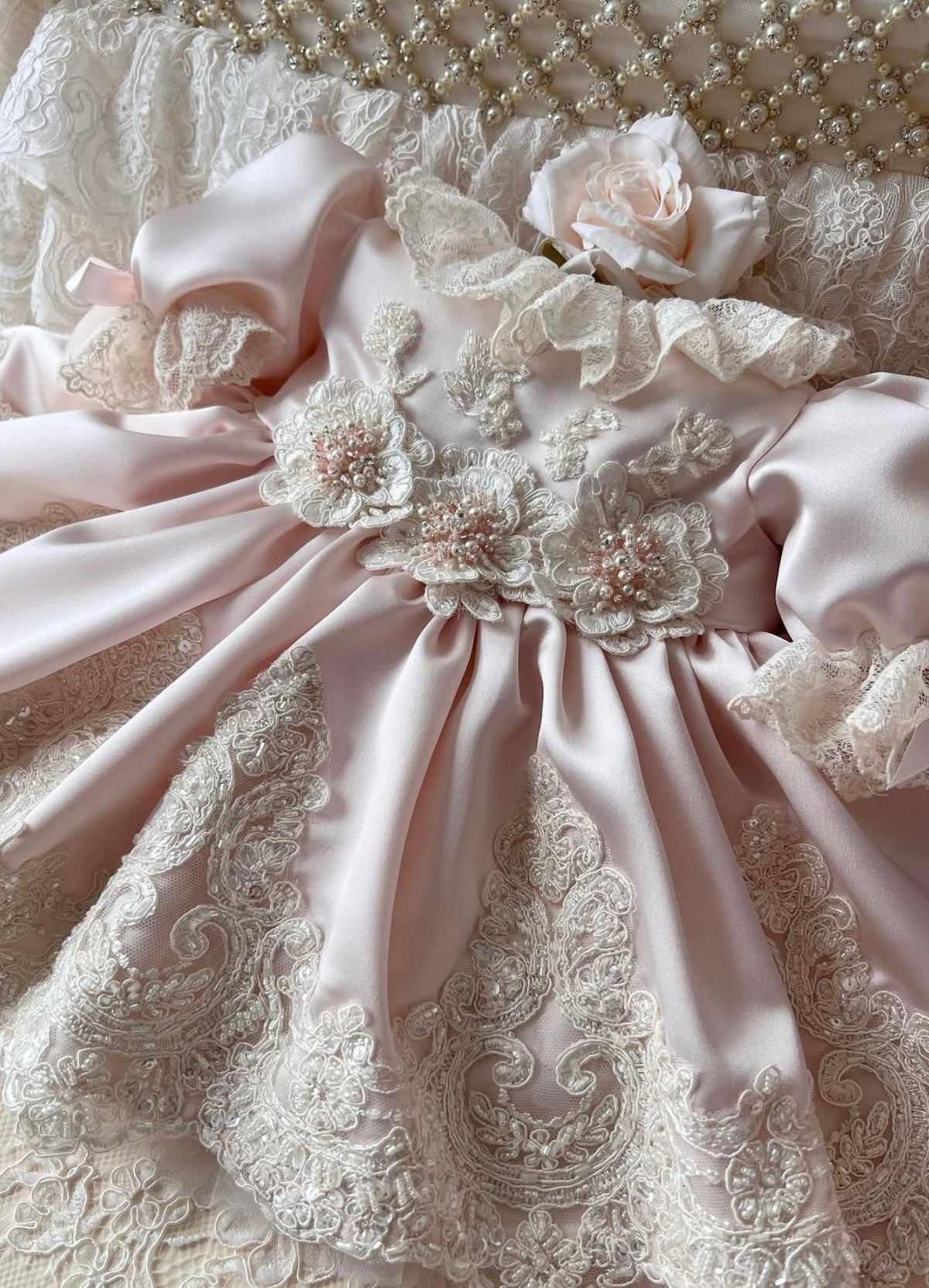 Light pink baby dress pants lace pearl detail bonnet and shoes