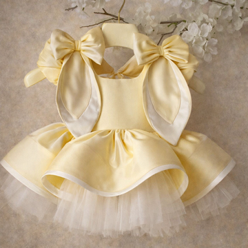 Yellow Bunny Puffy Baby Girl Dresses And Bunny Hair Band
