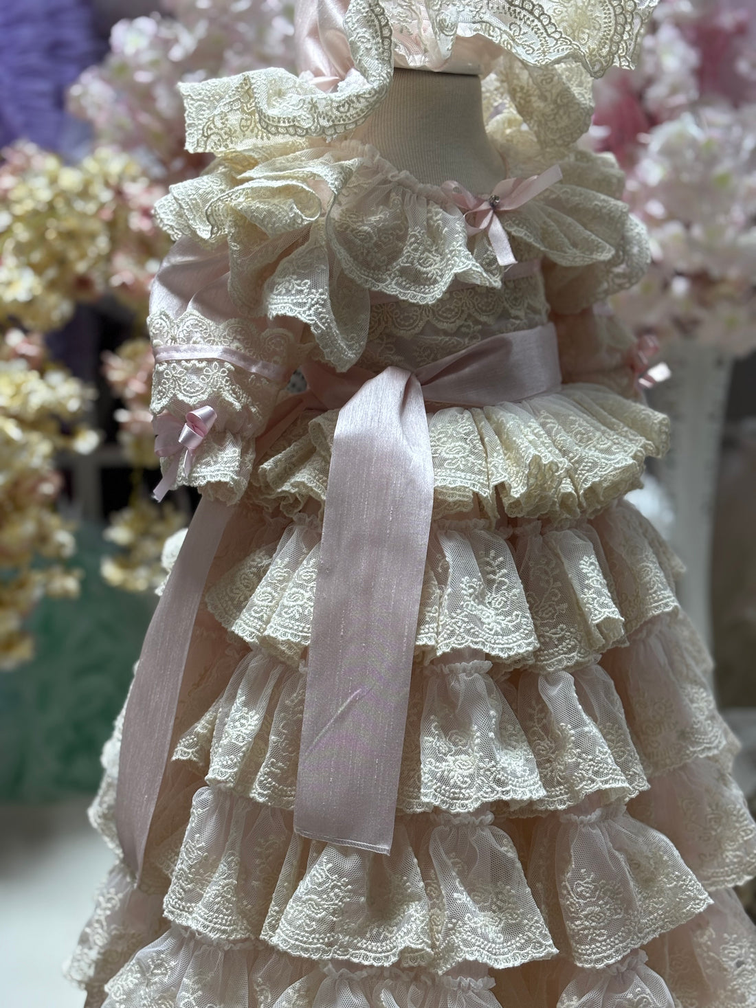 Pink lace silk long girl toddler gown dresses and bonnet