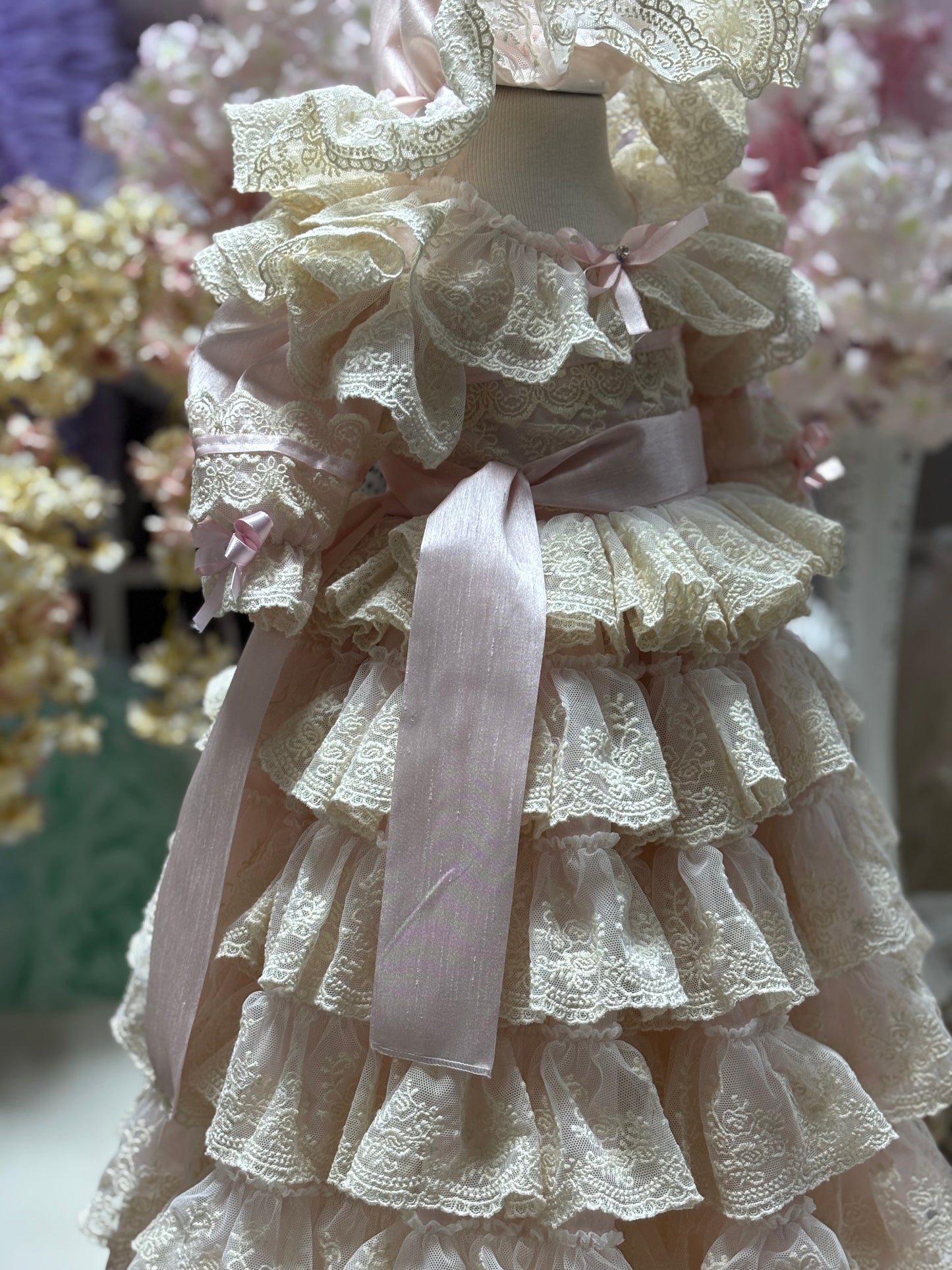 Pink lace silk long girl toddler gown dresses and bonnet wholesale 6 pcs