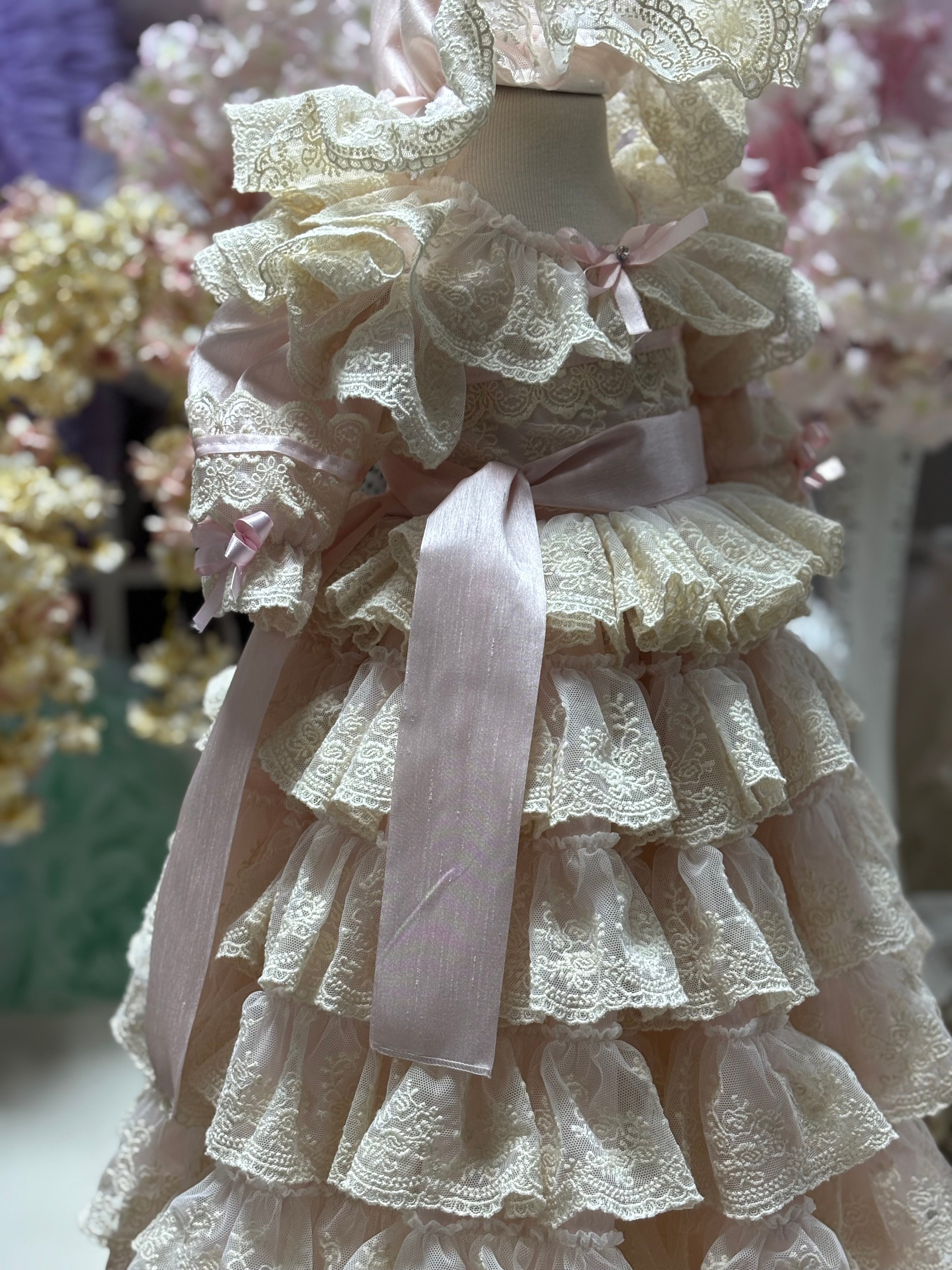 Pink lace silk long girl toddler gown dresses and bonnet
