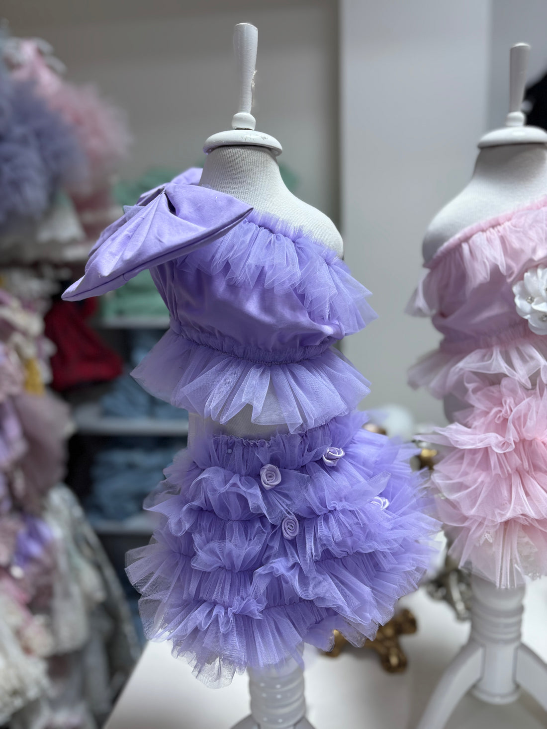Lilac Tulle Puffy Baby Girl Toddler Two pieces Shorts Blouse Set