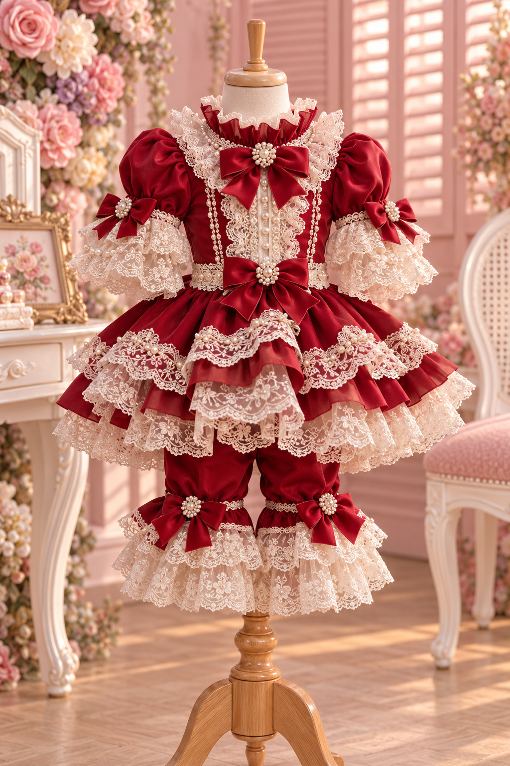 Red silk fabric pants and blouse girl Christmas outfit