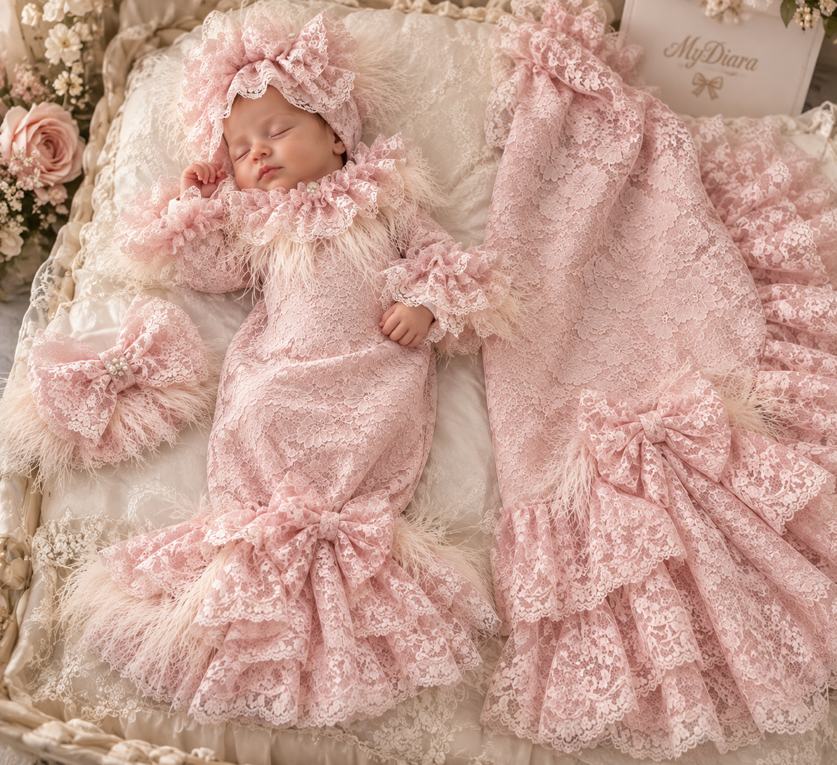 Pink lace baby gown bonnet blankent set