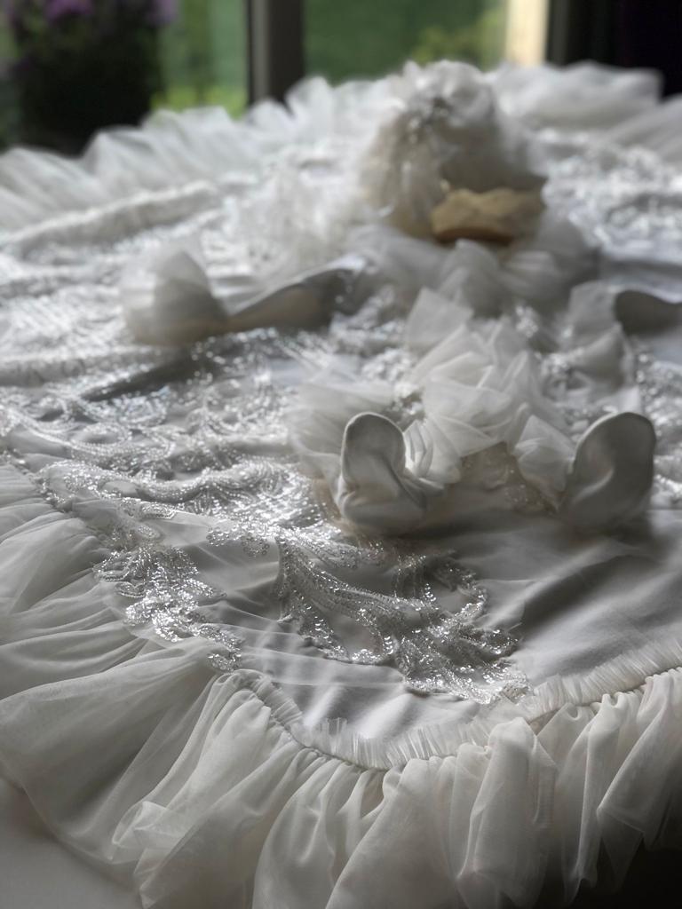 Cream France lace jumpsuit bonnet and blankent set