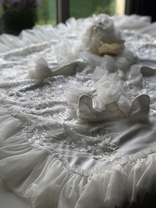 Cream France lace jumpsuit bonnet and blankent set