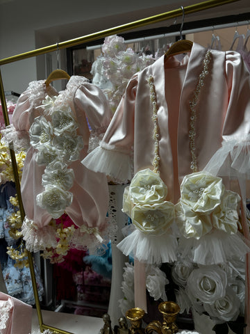 Pink pearl satin fabric flowers Baby and Girl Robe