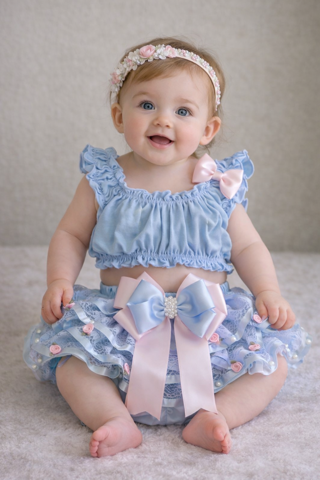 Light Blue Two Pieces And Hairband Baby Girl Outfit
