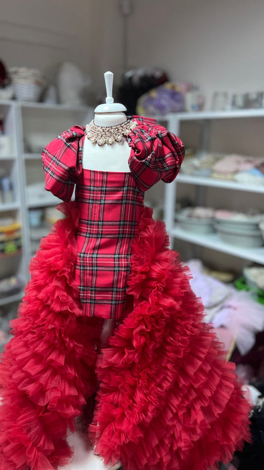 red plain long train holiday dress and rhinestone necklace