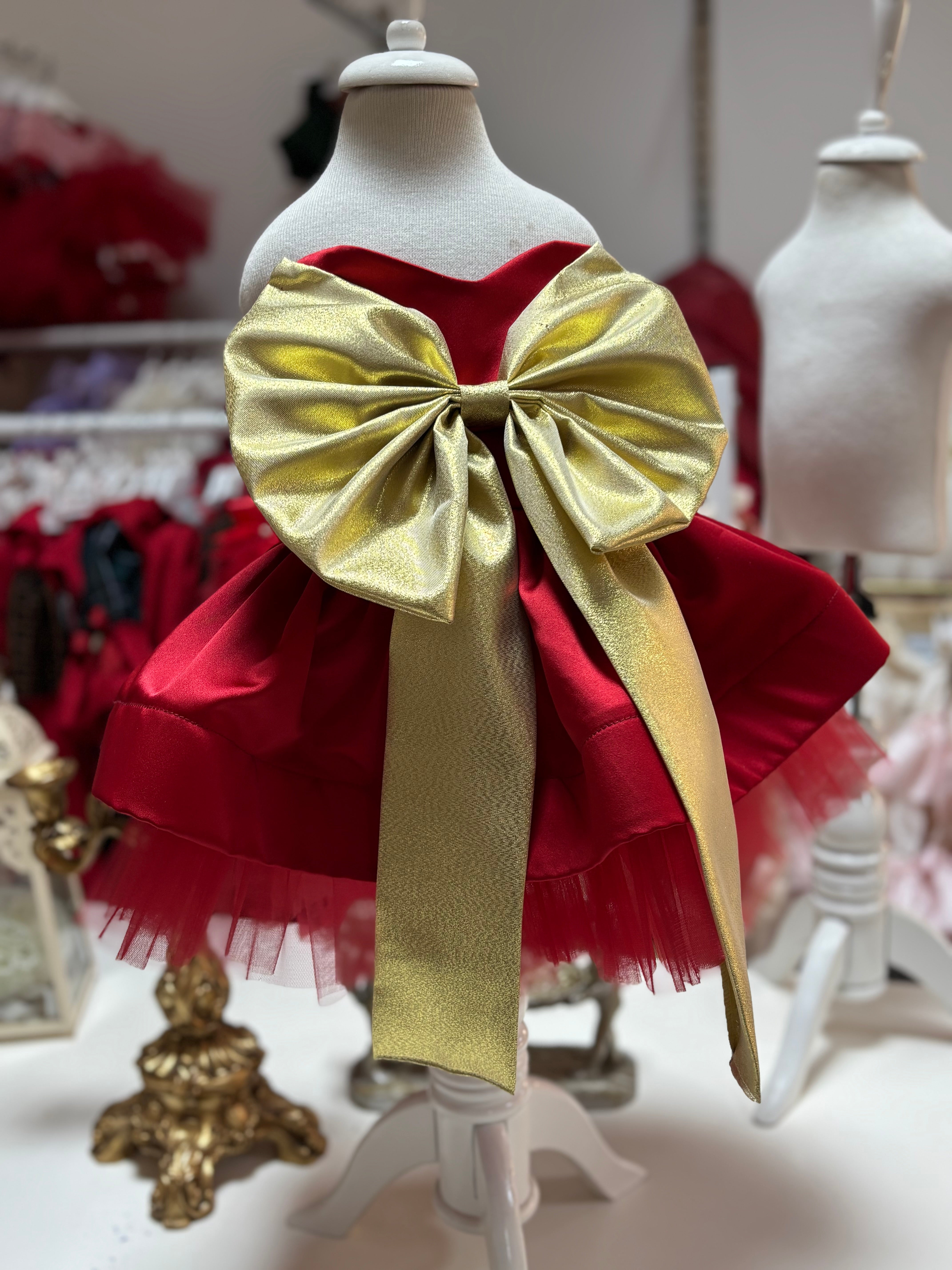Red Satin Gold Big Bow Holiday Dresses