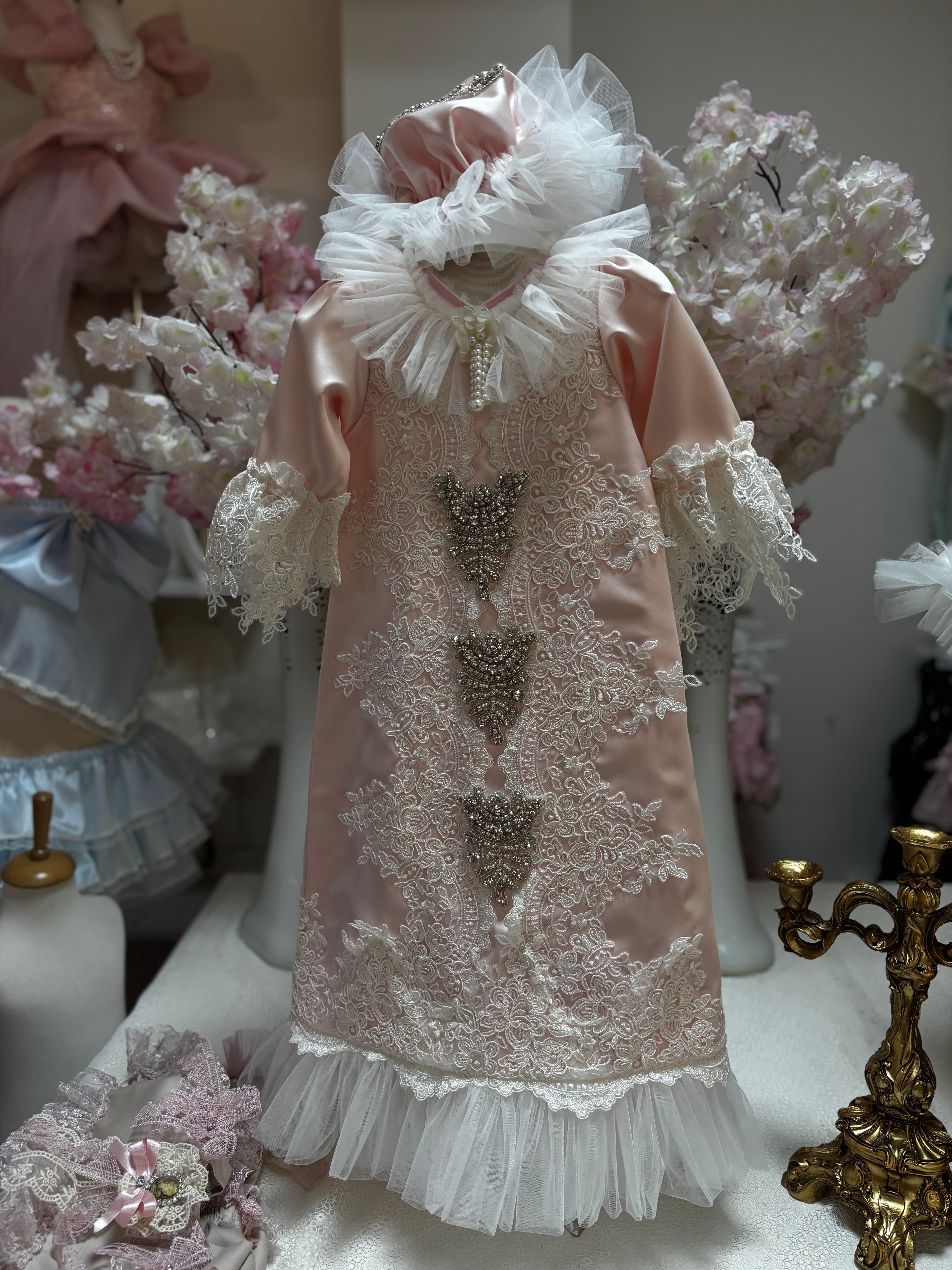 Pink baby gown and bonnet
