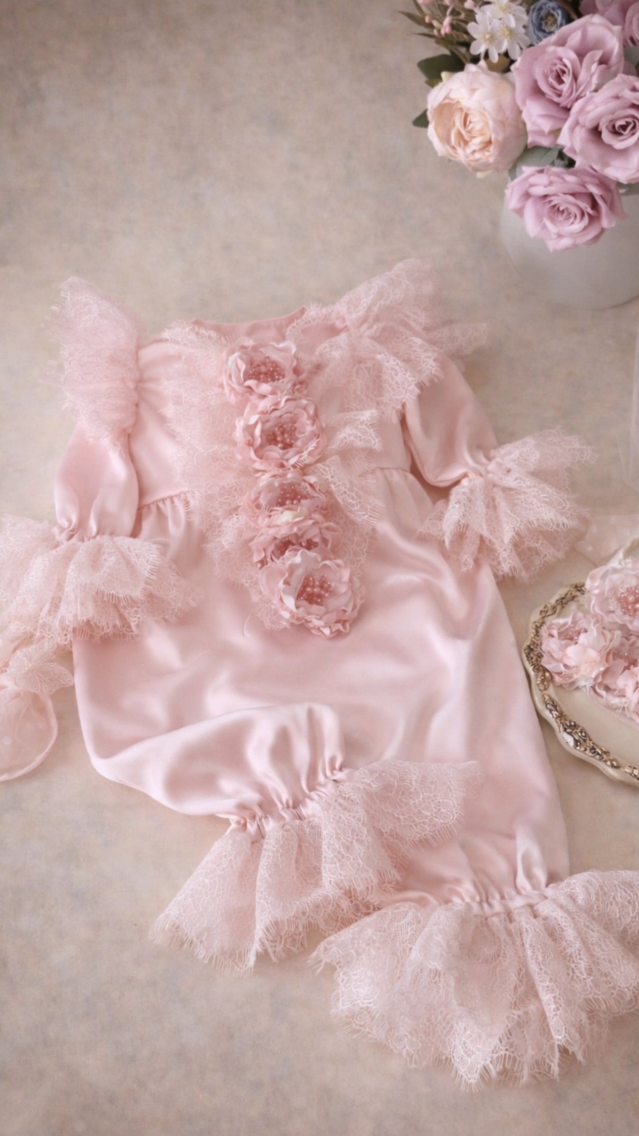 Light Pink Baby Flowers Pearls Jumpsuit And Bonnet