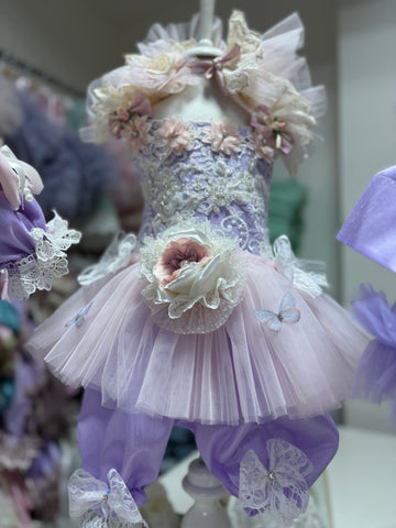 Lilac Silk Fabric Pearl Aplique Baby Girl Romper And HairBand