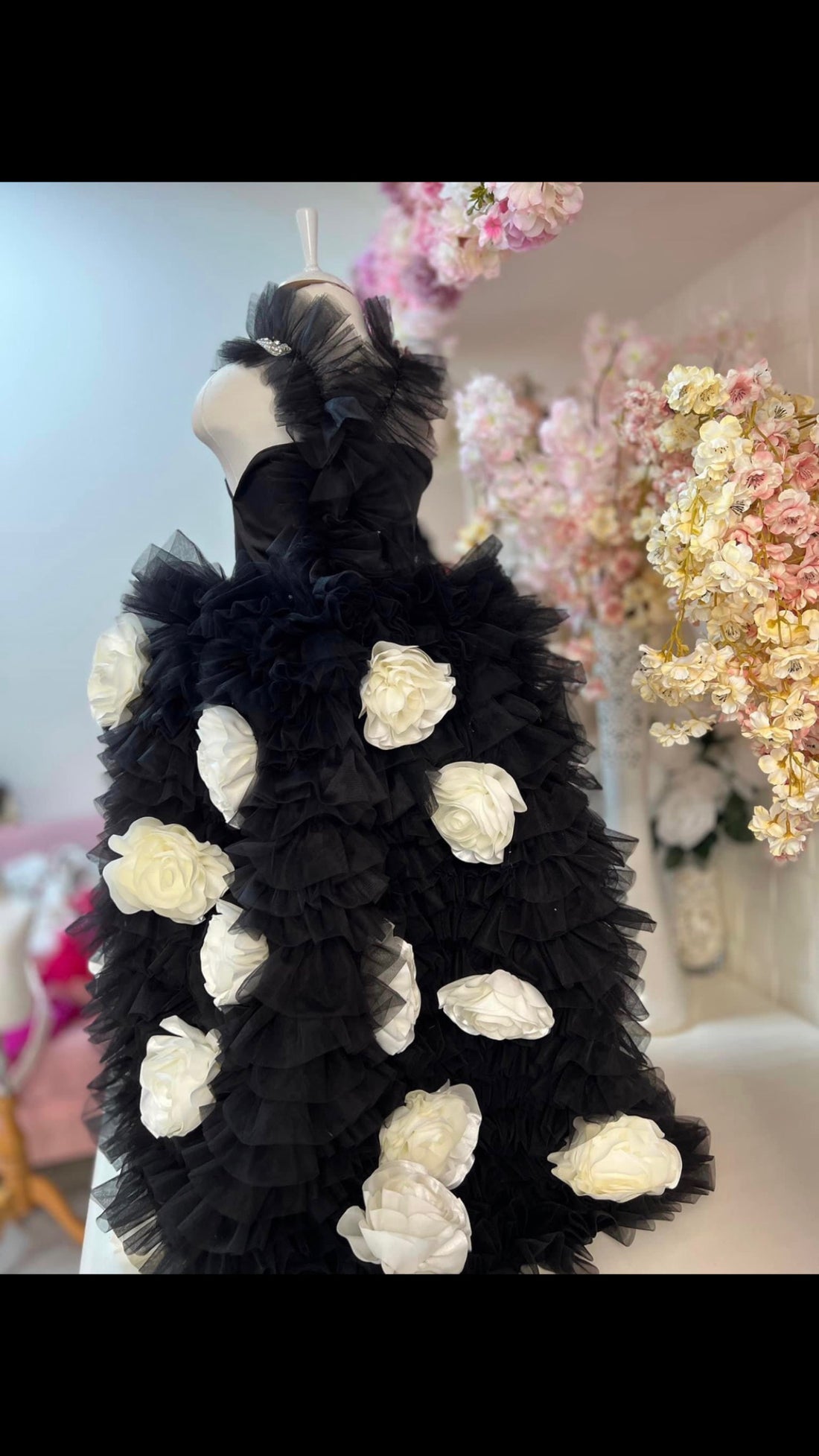 Black Flowers Girls Long Train Dresses