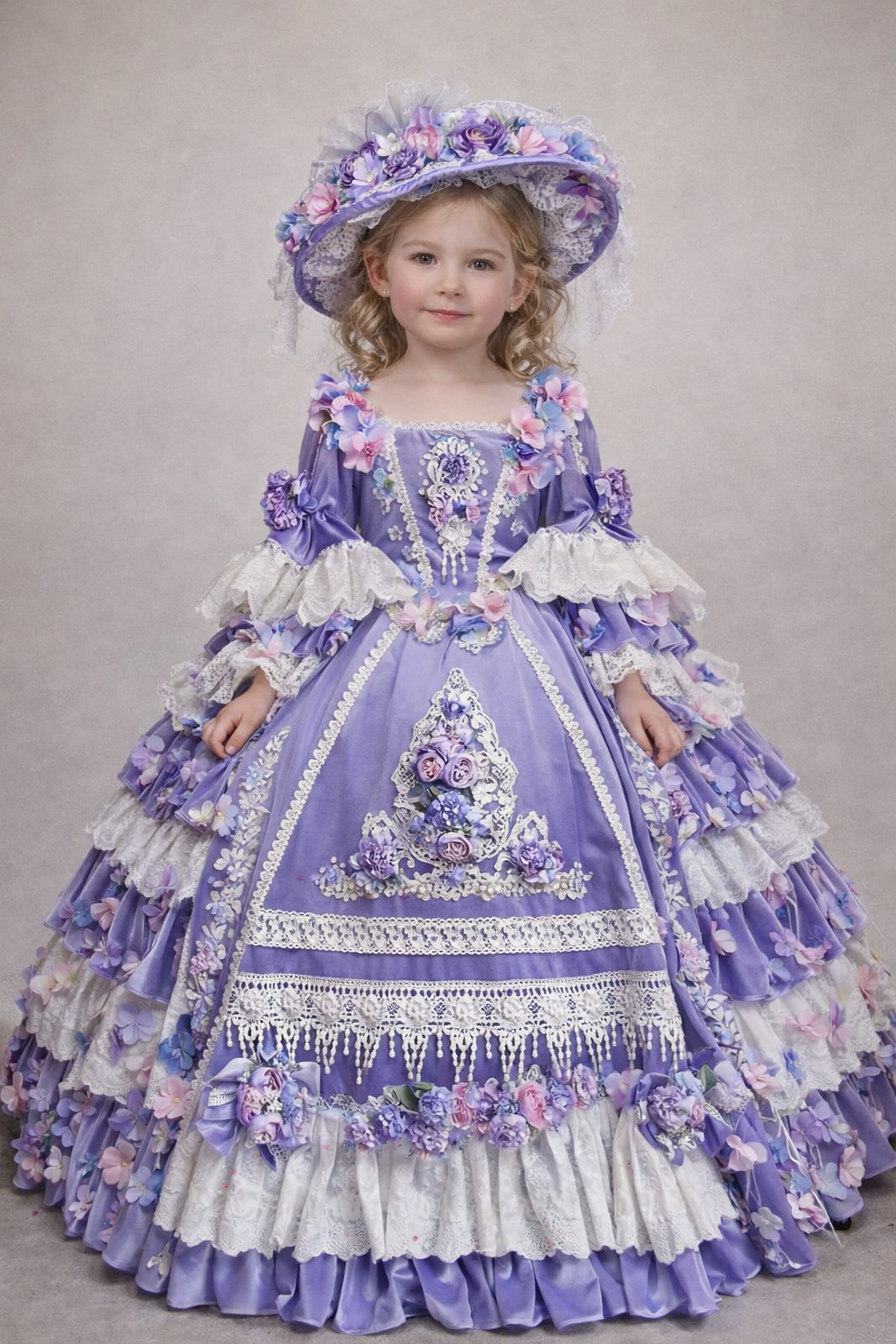 Lilac Cream Coton Fabric Puffy Fancy Amazing Girl Long  Gown and Bonnet