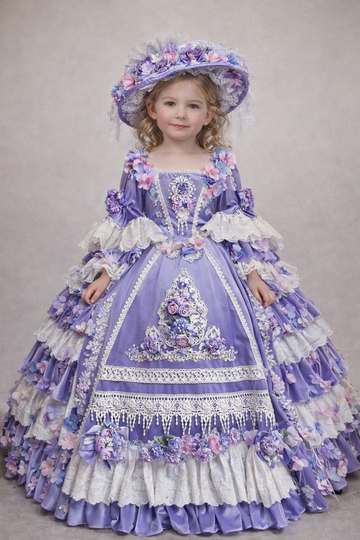Lilac Cream Coton Fabric Puffy Fancy Amazing Girl Long  Gown and Bonnet