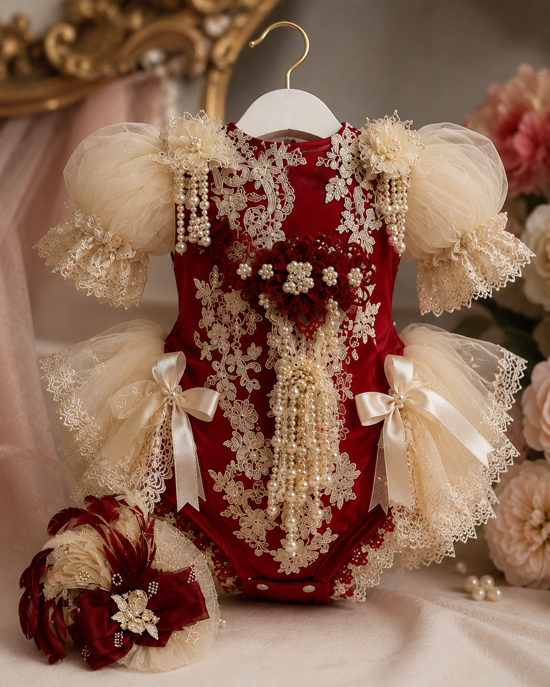 Red amazing holiday romper and hair clips