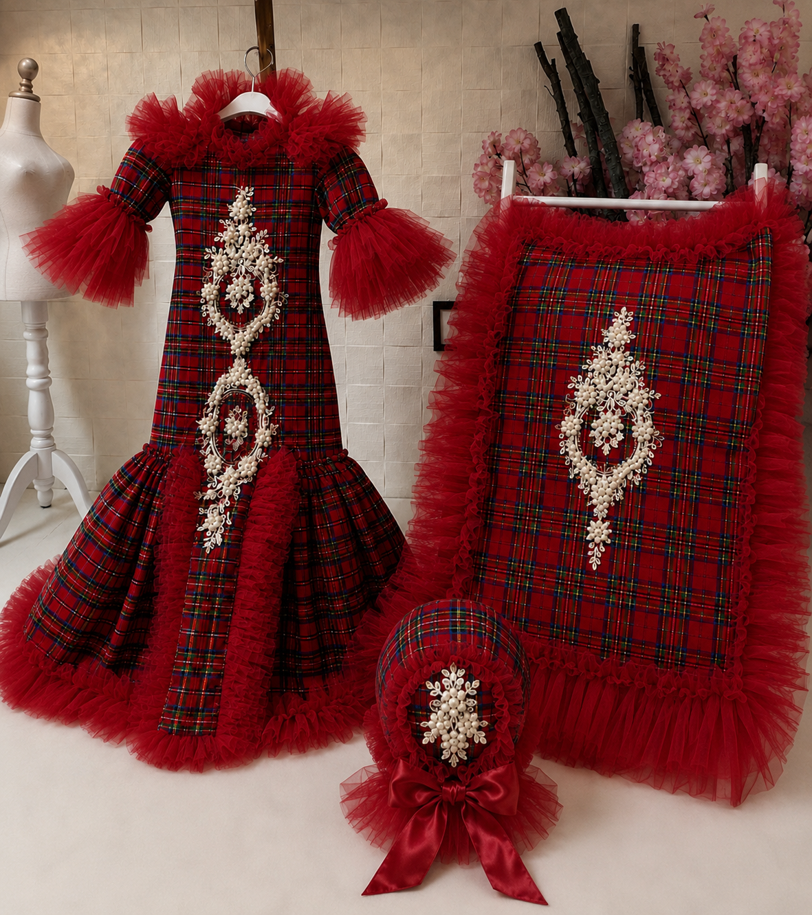 Christmas plain fabric  baby gown bonnet blankent set