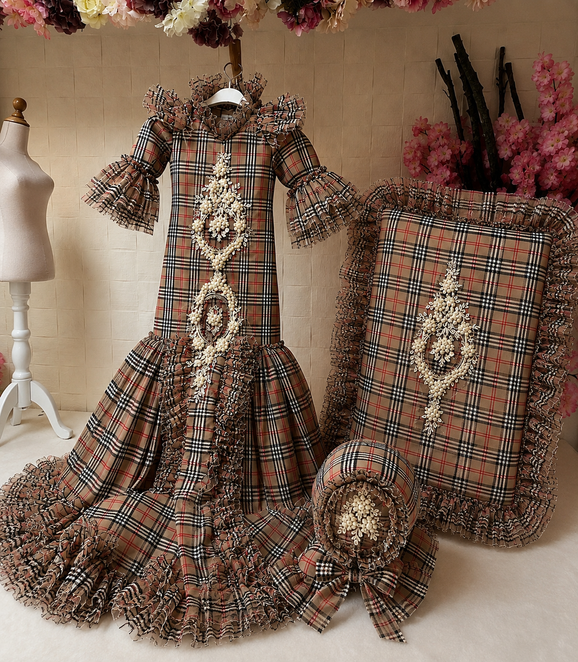 Plain fabric baby gown bonnet and blankent set