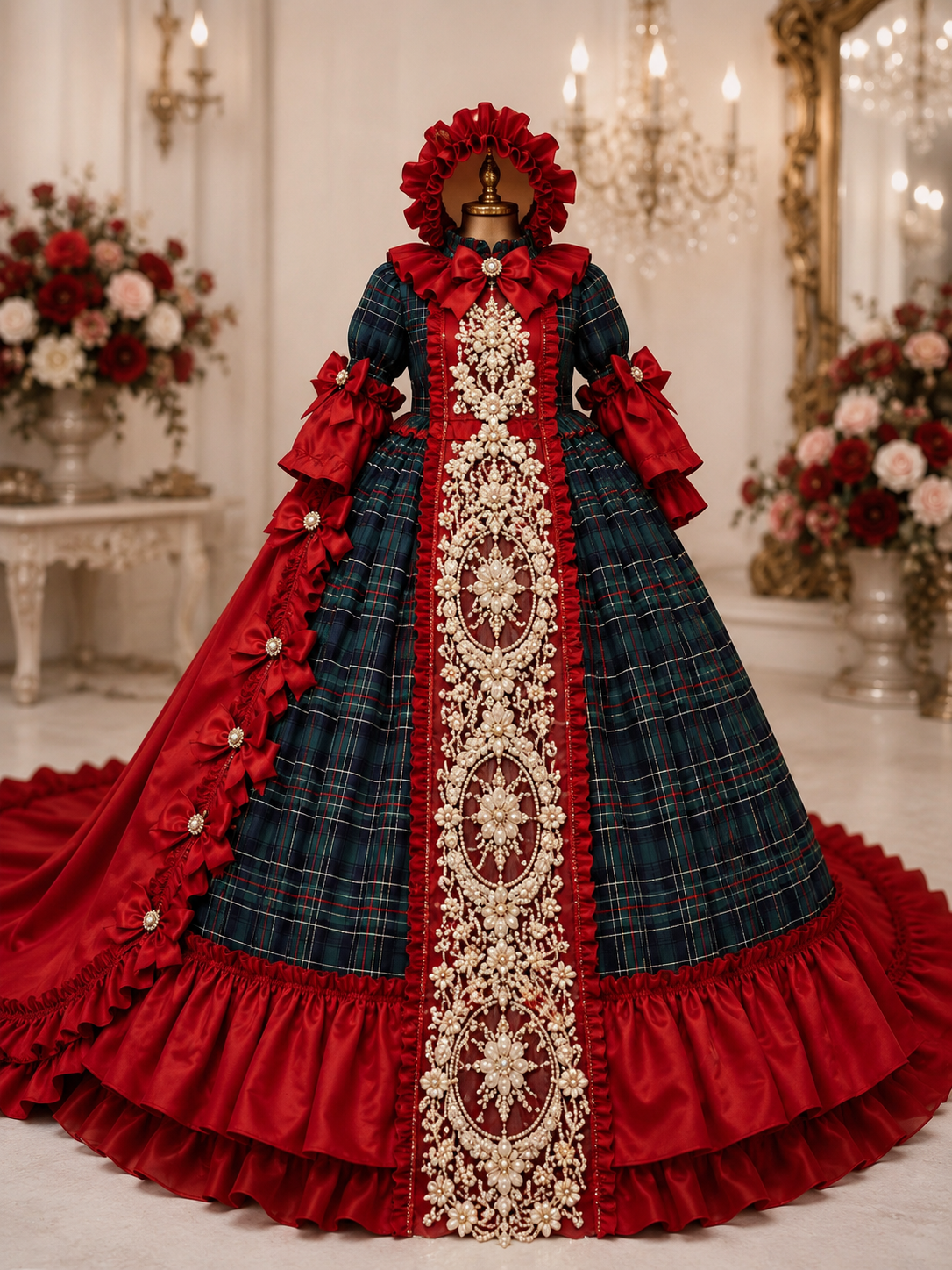 Christmas girl long dress long train pearl details dress and bonnet