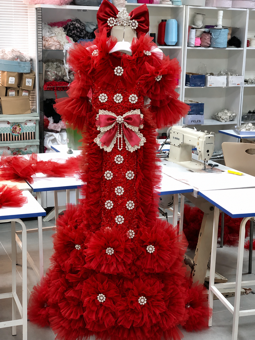 Red baby long gown and bonnet