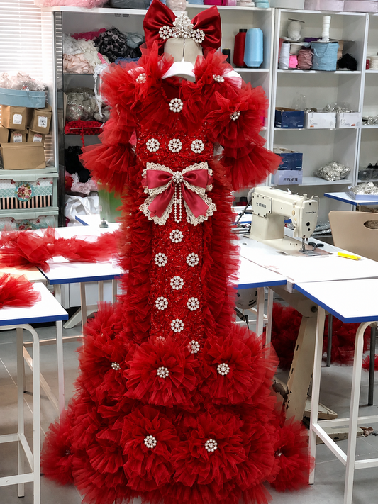 Red baby long gown and bonnet