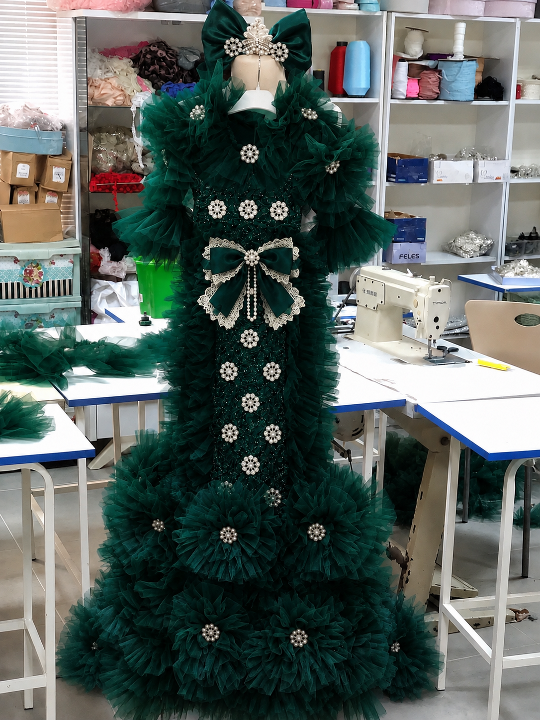 Green baby long gown and bonnet