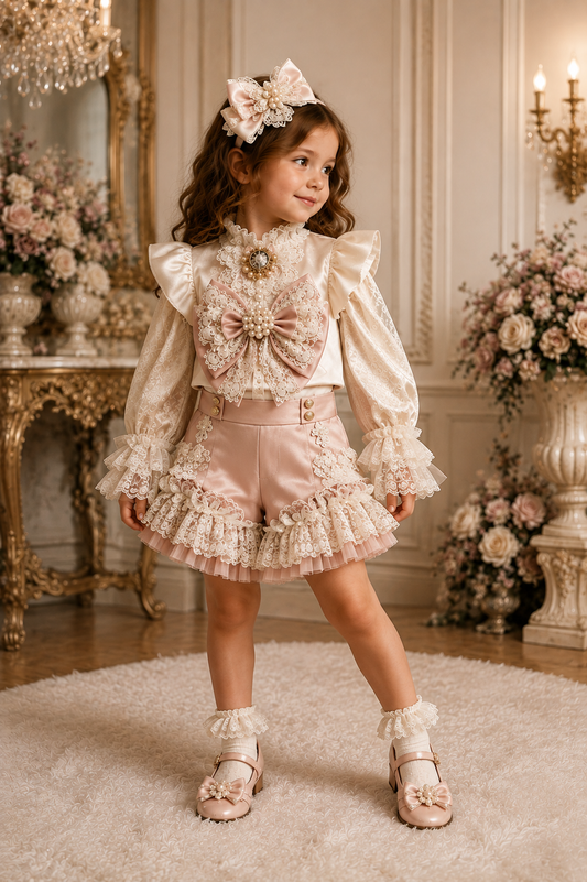 Light pink shorts vintage lace bow boluse two pices outfıt