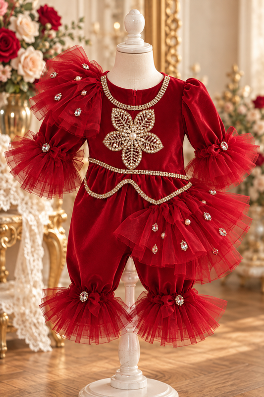 Red Christmas baby jumpsuit and hair bow