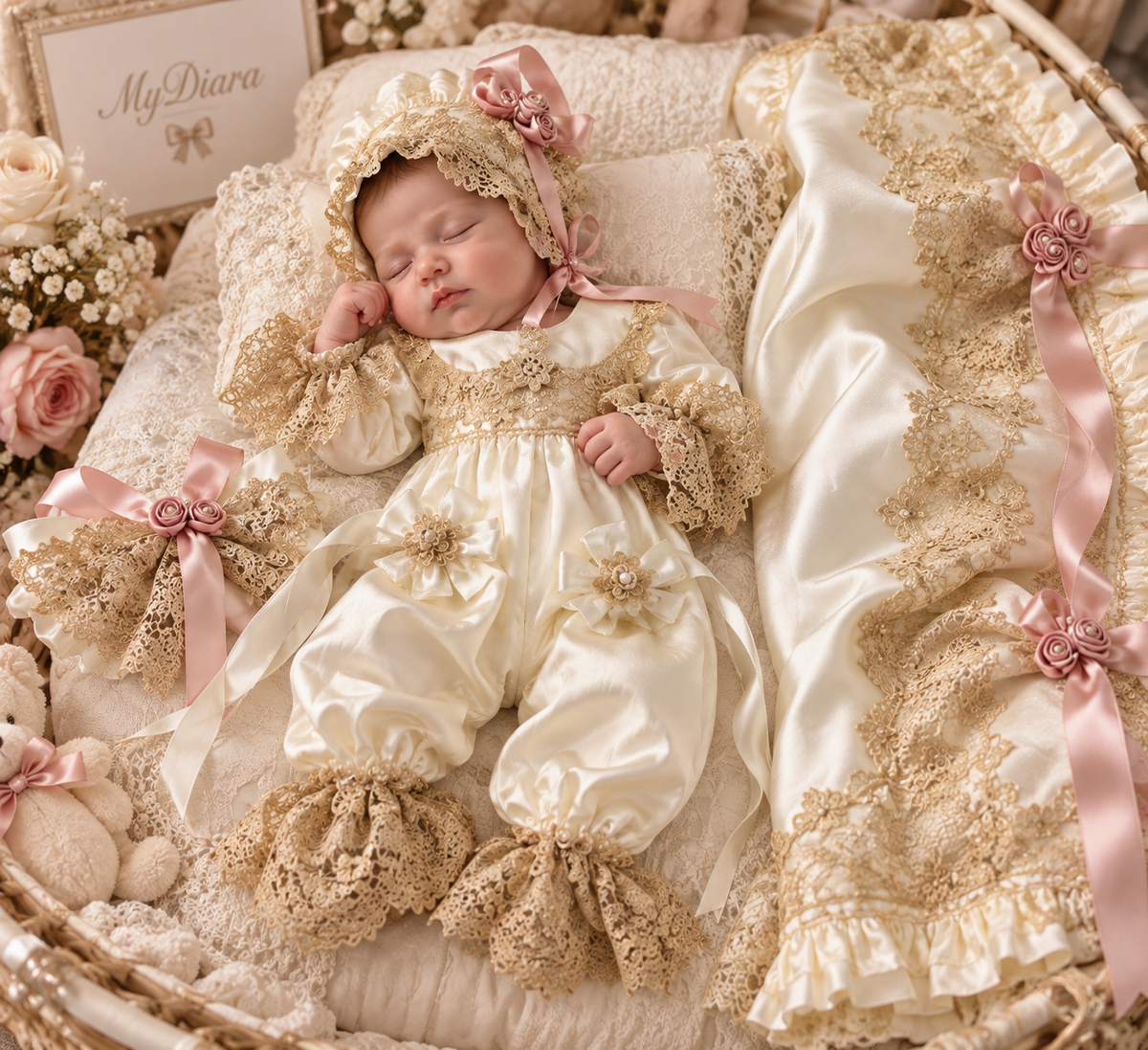 Baby jumpsuit bonnet and blankent set