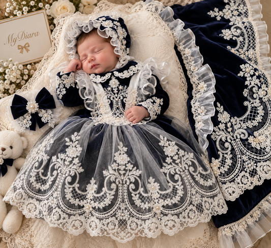 Black cream baby gown bonnet and blankent set
