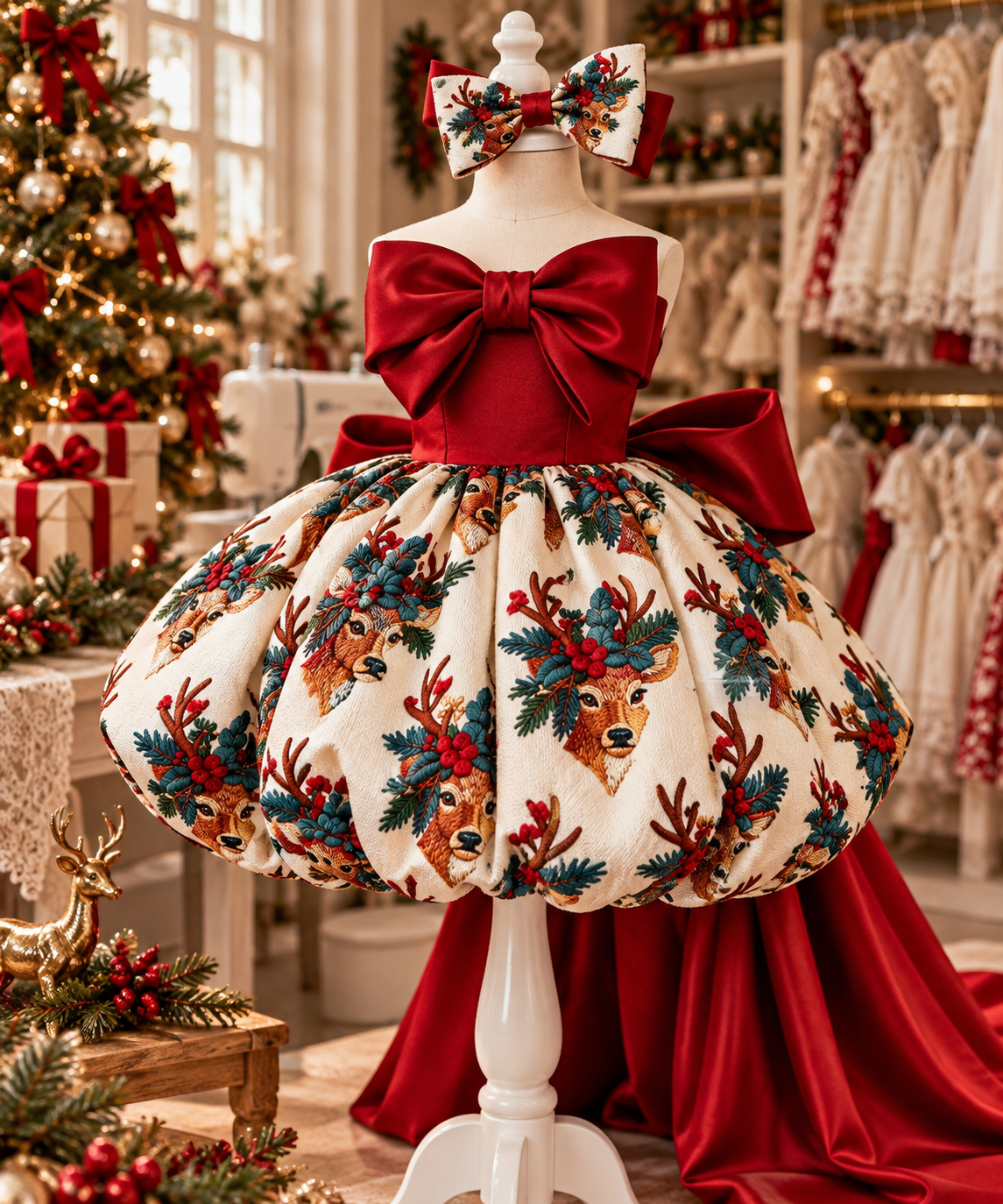 Christmas bow long train girl dresses
