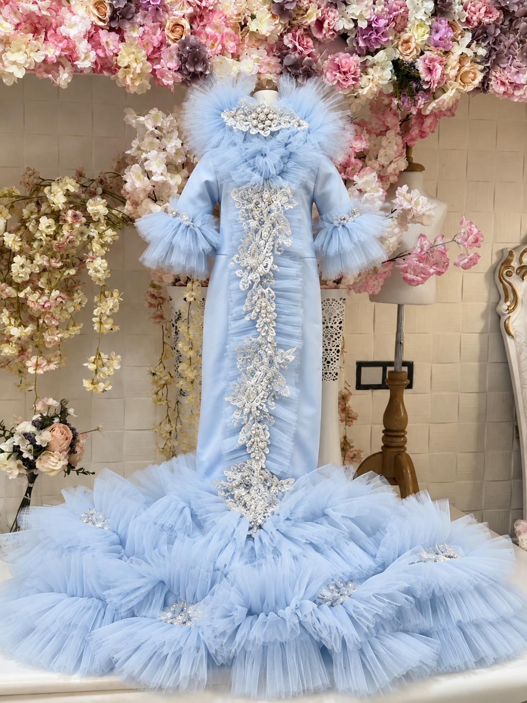 Blue baby pearl long gown and bonnet