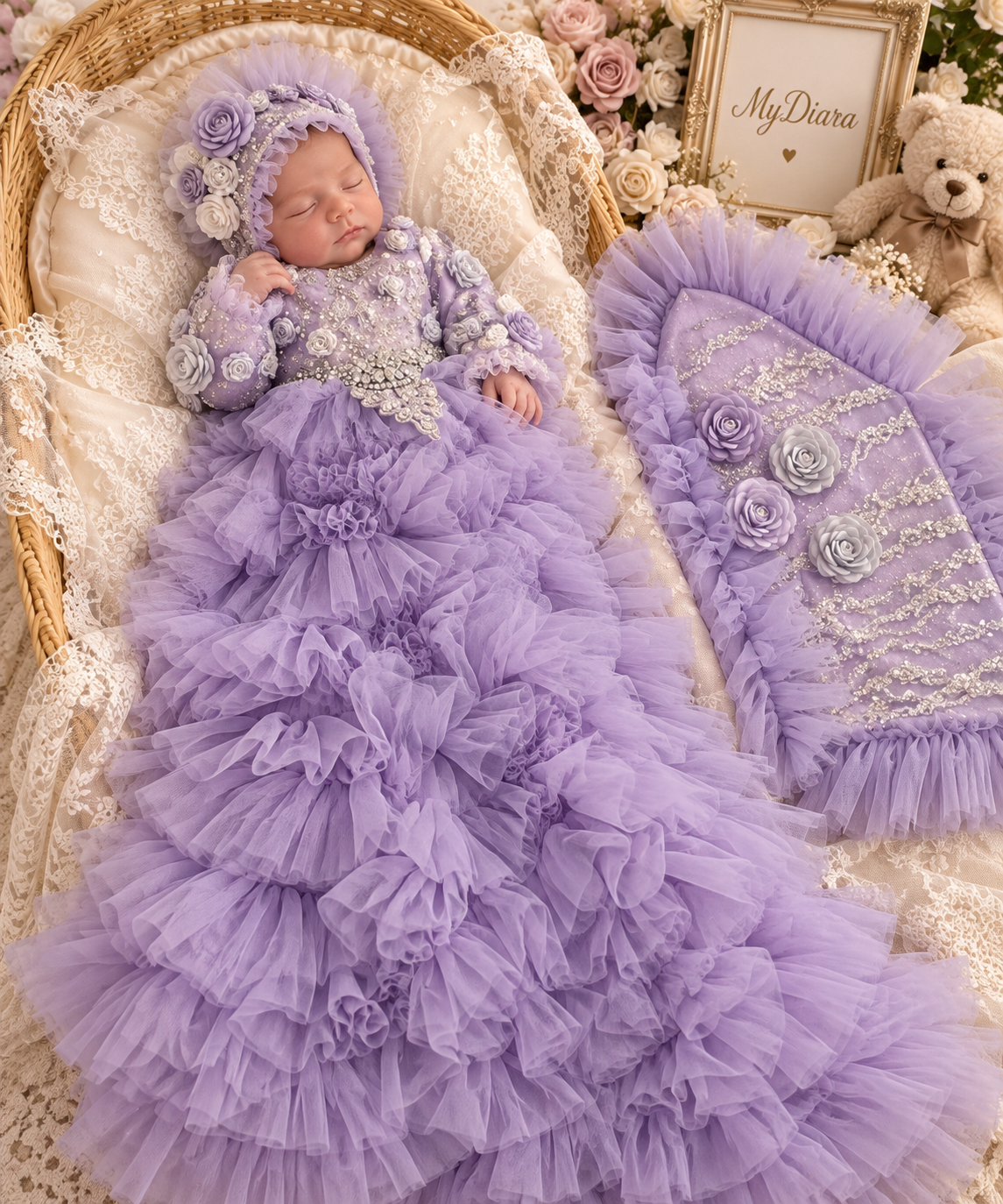 Purple long baby gown bonnet and blankent
