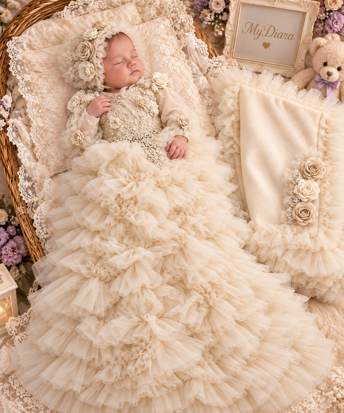 Cream long fabric flowers baby gown bonnet and blankent set