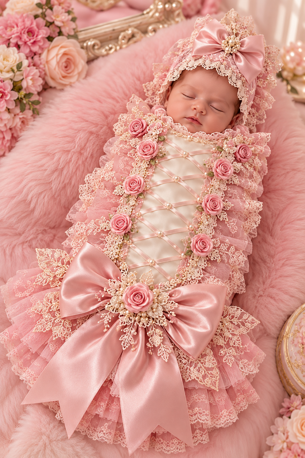 Pink baby cocon and bonnet wholasale 2 pcs