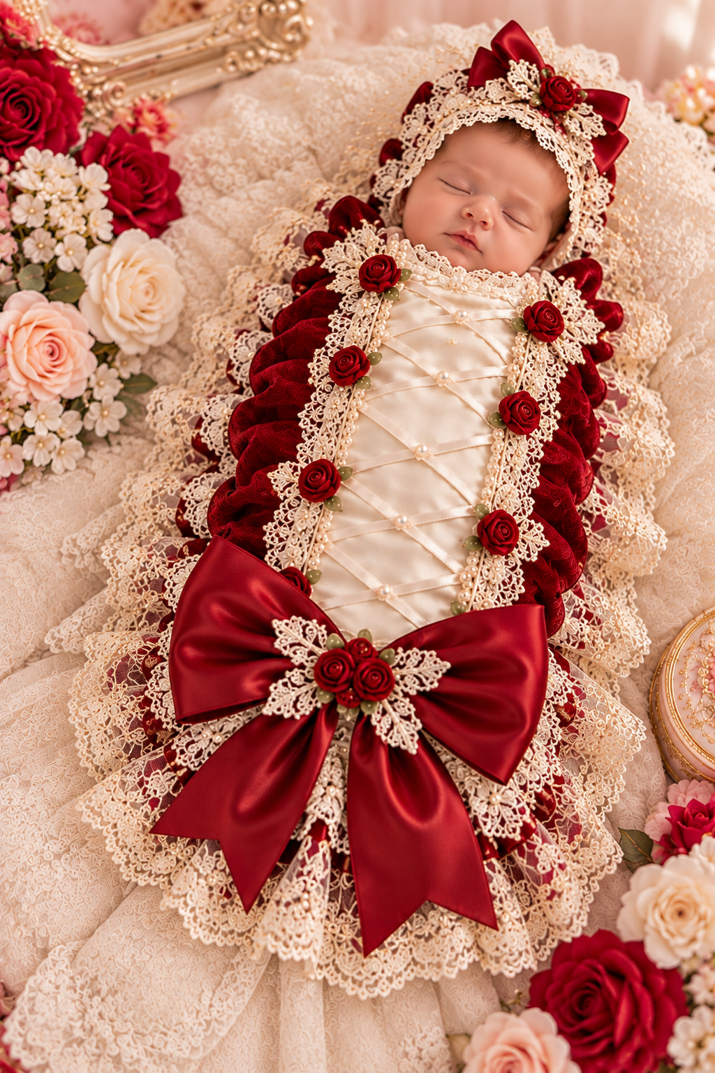 Red satin fabric baby cocoon and bonnet wholasale 2 pcs