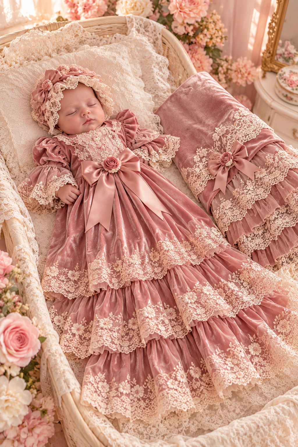 Powder baby long gown bonnet and blankent set wholasale 4 pcs