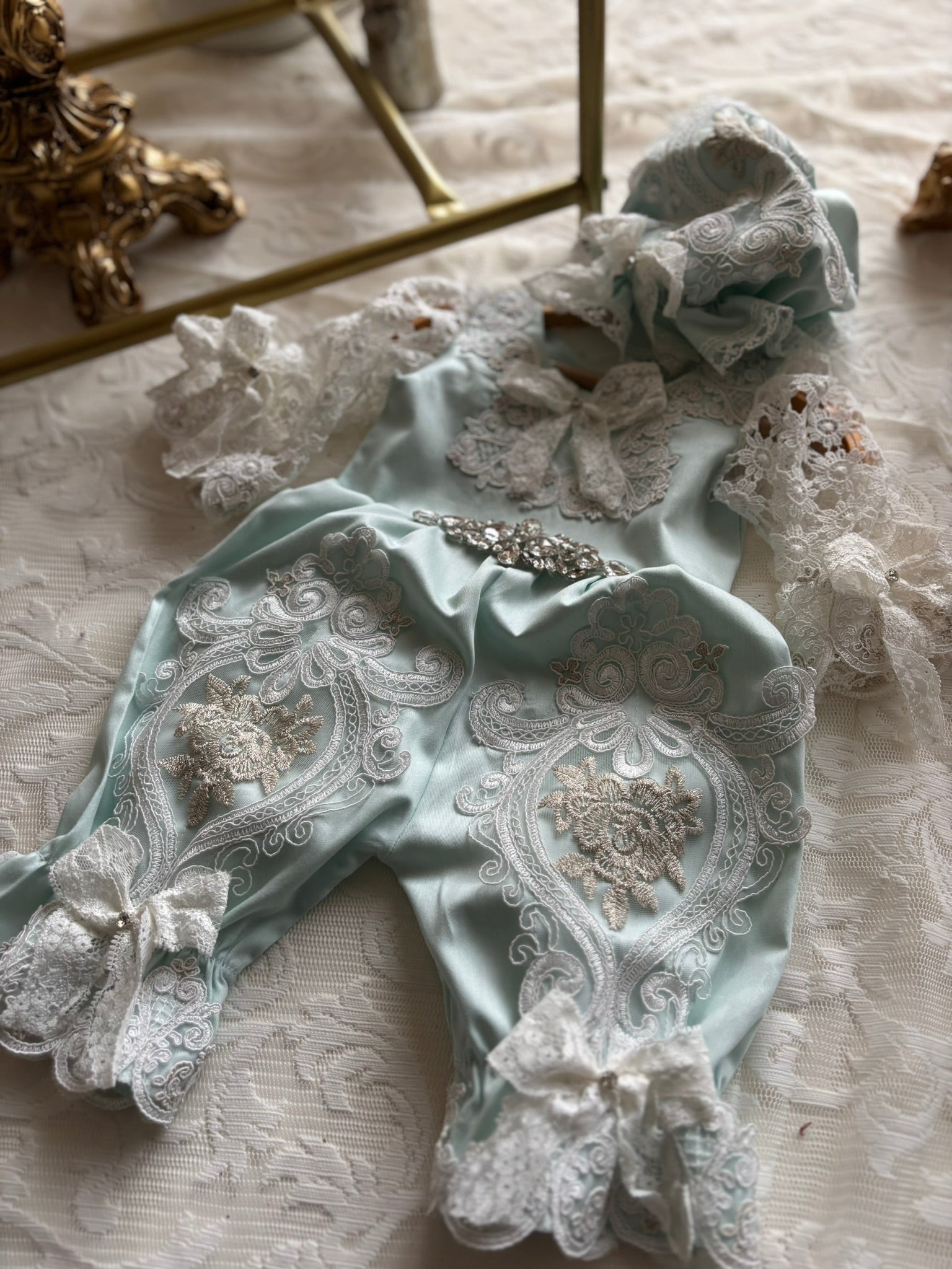 Mint Blue Baby Vintage Jumpsuit And Bonnet