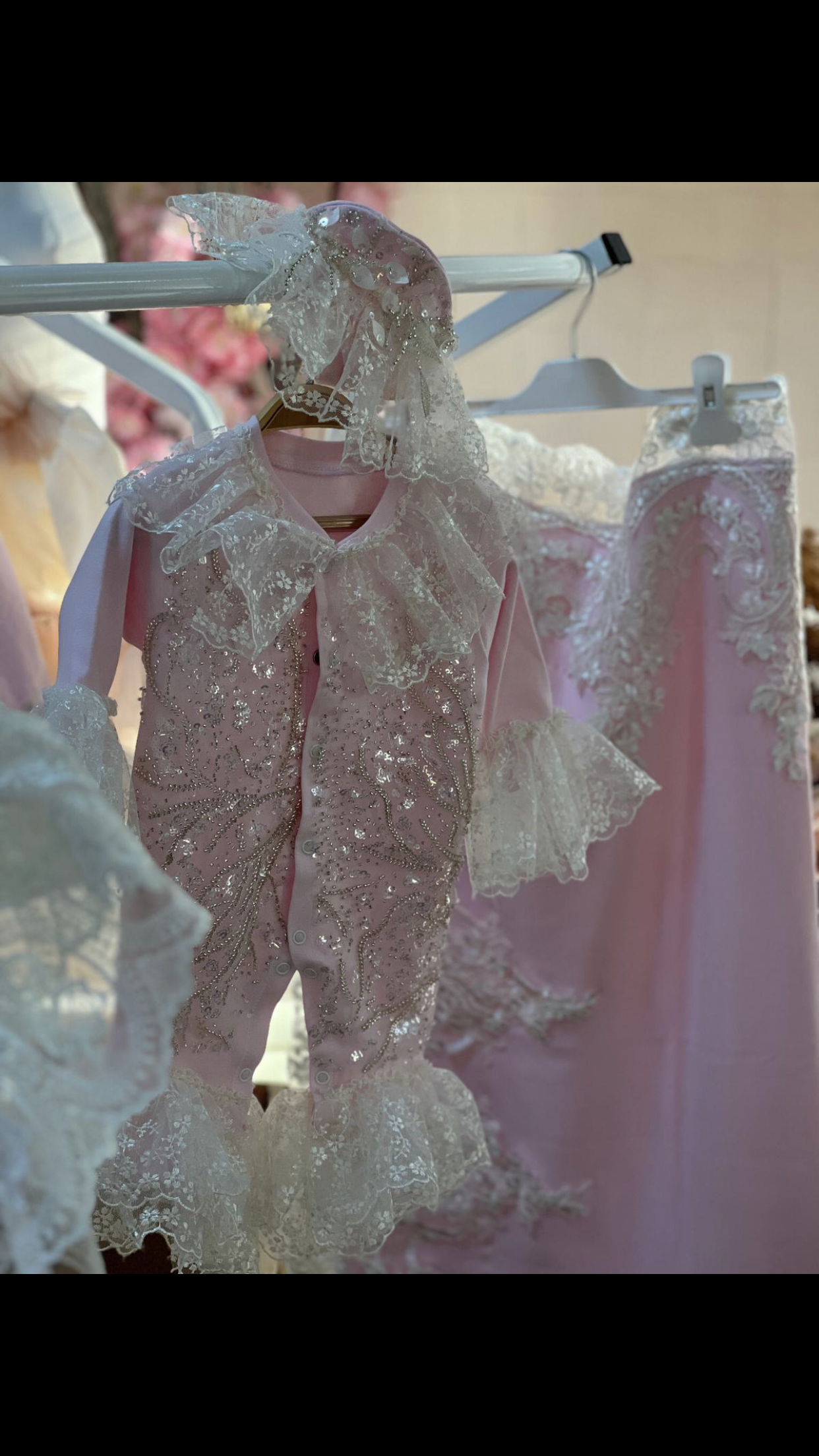 Pink France Lace Coton Baby Jumpsuit Hat And Blankent Set