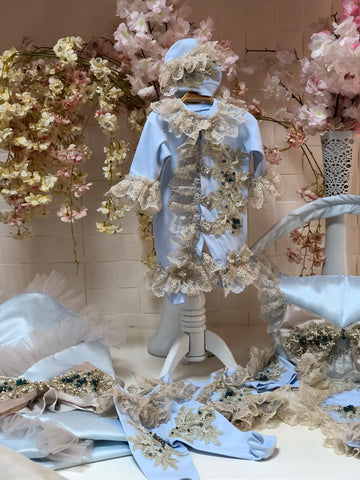 Blue Pearl Silk Fabric  Jumpsuit  Pajamas Hat Blankent Diaper Bag And Swaddle 8  Pıeces Set