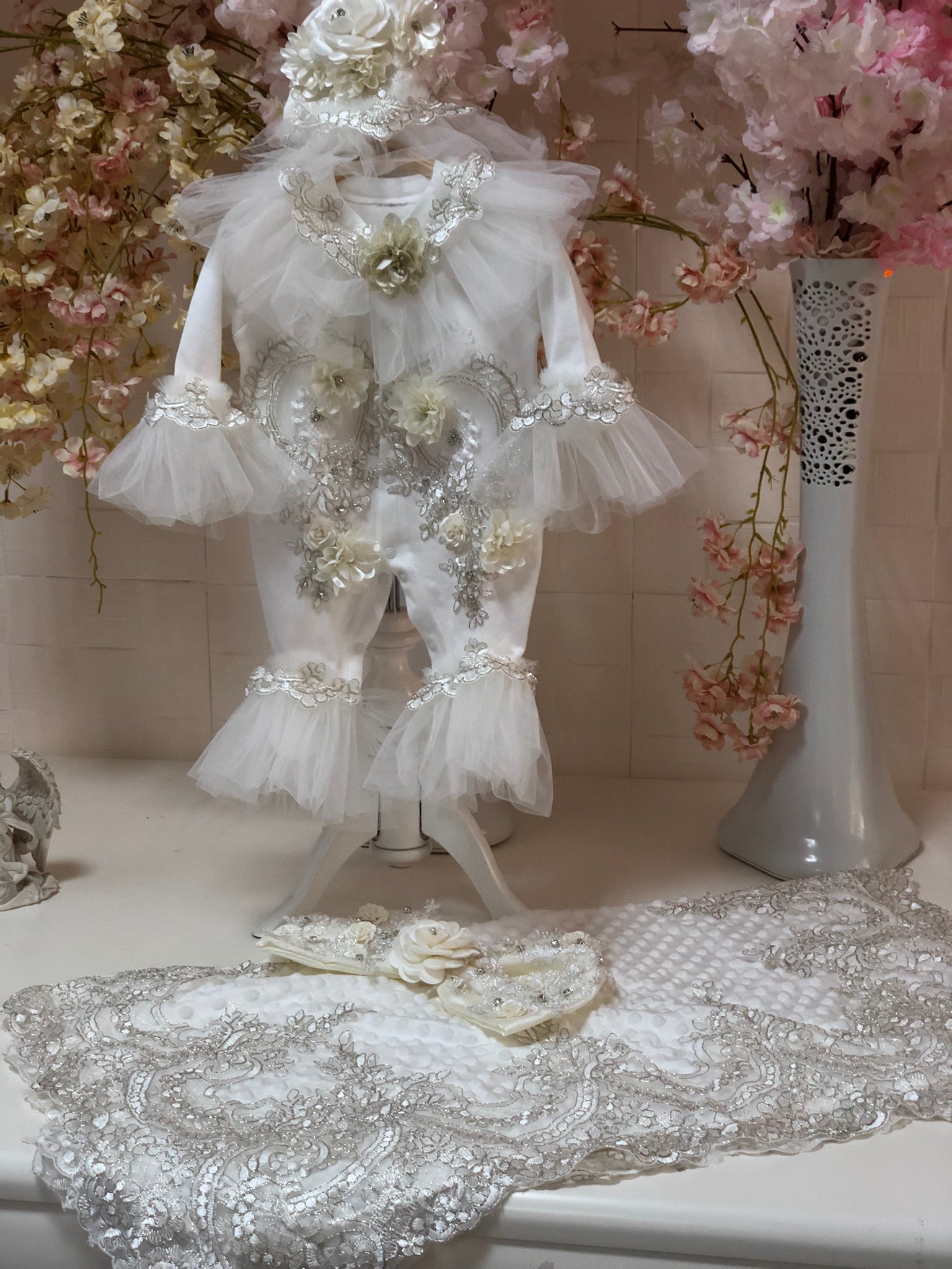 Cream Coton Baptism Baby Jumpsuit Hat Blankent Set