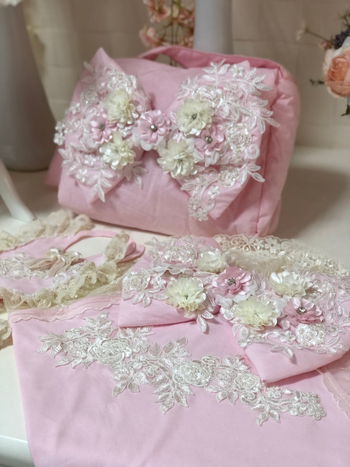 Pink Baby Newborn Jumpsuit Hat Pajamas Blankent And Diaper Bag 8 pieces set